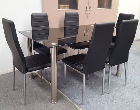 Picture of Melody Dining Table Black Glass 1.3X0.8m with 6 Black Mila Dining Chair