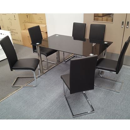 Picture of Melody Dining Table Black Glass 1.5X0.9m with 6 Black Lyla Dining Chair