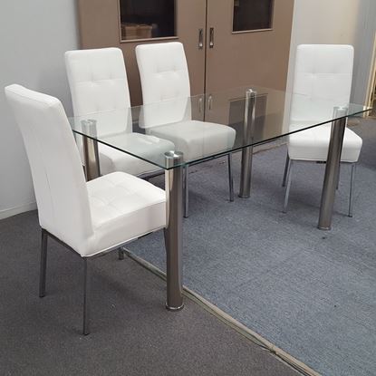 Picture of Melody Dining Table Clear Glass 1.5X0.9m with 4 White Nobel Dining Chair