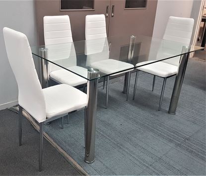 Picture of Melody Dining Table Clear Glass 1.3X0.8m with 4 White Mila Dining Chair