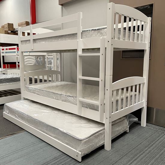 Picture of Miki Bunk Bed Single with Trundle Mattresses Solid Hardwood White Malaysian Made