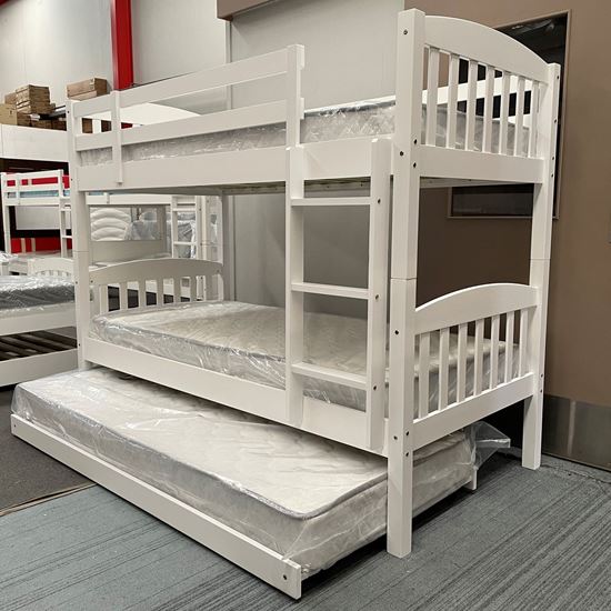 Miki Solid Hardwood Bunk Bed with Trundle & Mattresses in White finish, featuring premium craftsmanship and space-saving design