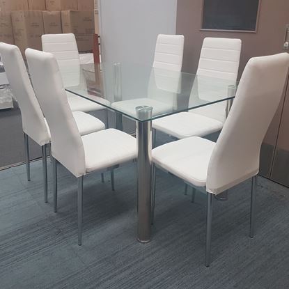 Picture of Melody Dining Table Clear Glass 1.5X0.9m with 6 White Mila Dining Chair