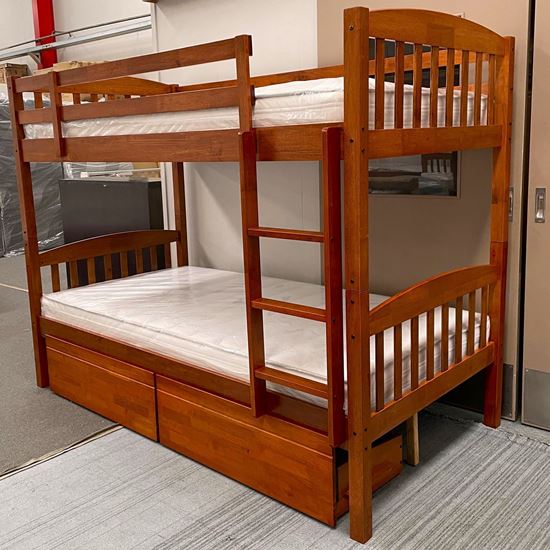 Miki Higher King Single Hardwood Bunk Bed with Drawers & Mattresses in Antique Oak – Sleek & Durable