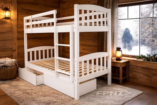 Picture of Miki High Solid Hardwood Single Bunk Bed with Storage Drawers – White