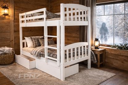 Picture of Miki High Solid Hardwood Single Bunk Bed with Storage Drawers – White – Includes Mattresses
