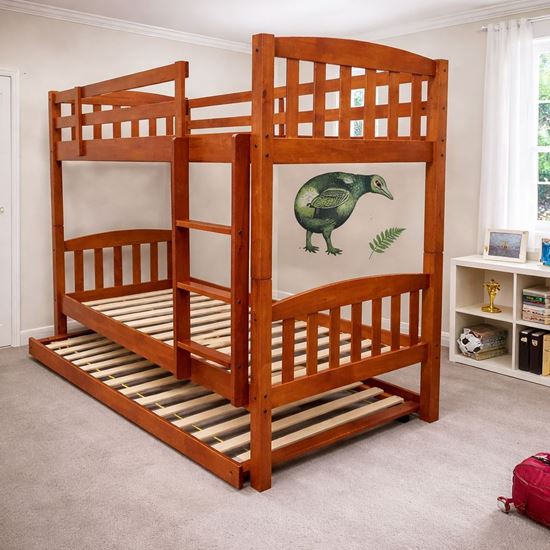 Picture of Miki High Solid Hardwood Single Bunk Bed with Trundle –Antique Oak