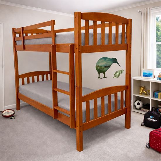 Picture of Miki High Solid Hardwood Single Bunk Bed – Antique Oak – Includes Mattresses