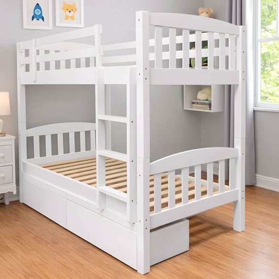 Picture of Miki High Solid Hardwood Single Bunk Bed with Storage Drawers – White
