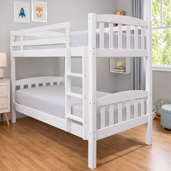 Picture of Miki High Solid Hardwood Single Bunk Bed – White – Includes Mattresses