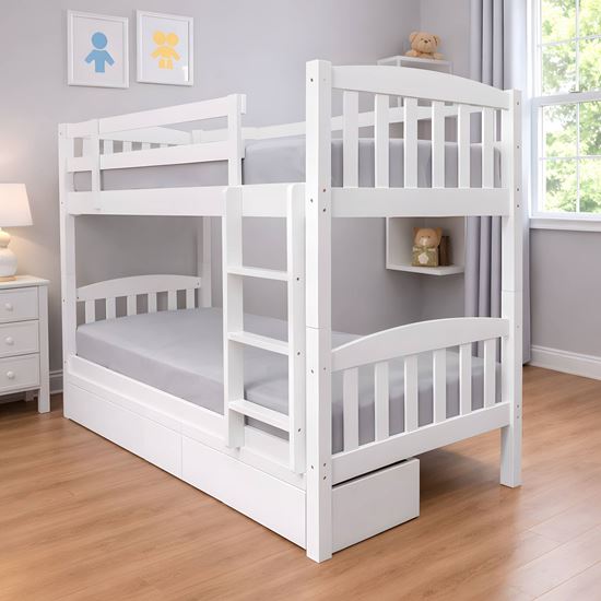 Picture of Miki High Solid Hardwood Single Bunk Bed with Storage Drawers – White – Includes Mattresses
