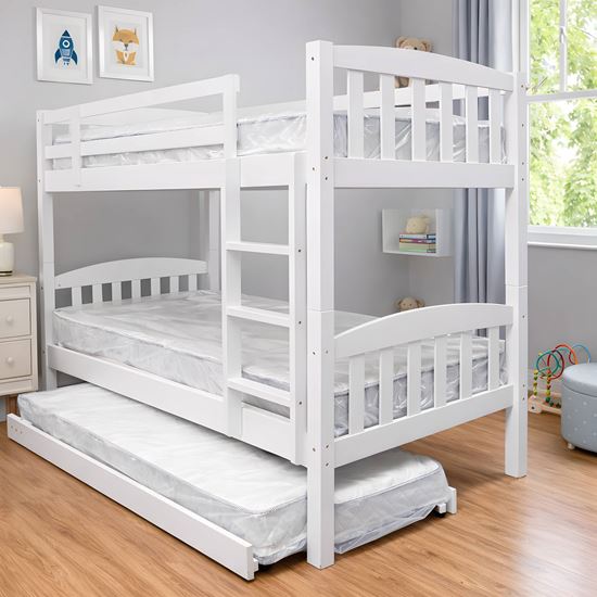 Picture of Miki High Solid Hardwood Single Bunk Bed with Trundle – White – Includes Mattresses