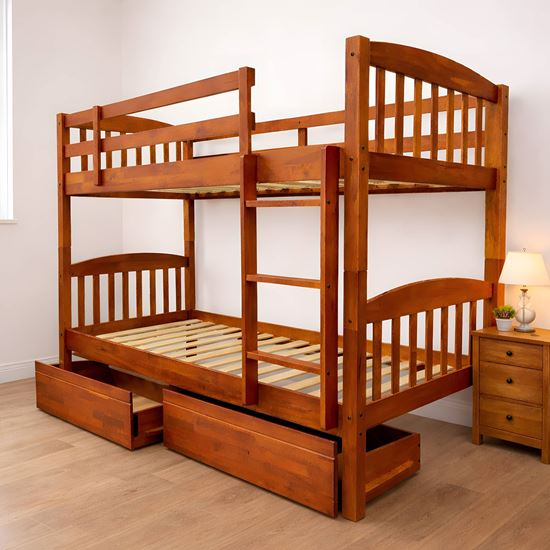 Picture of Miki Solid Hardwood Single Bunk Bed with Storage Drawers – Antique Oak