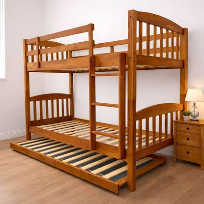 Picture of Miki Solid Hardwood Single Bunk Bed with Trundle –Antique Oak