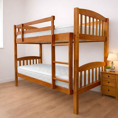 Picture of Miki Solid Hardwood Single Bunk Bed with 2 Pocket Spring Mattresses – Antique Oak Finish