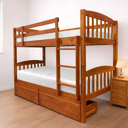 Picture of Miki Solid Hardwood Single Bunk Bed with Storage Drawers – Antique Oak – Includes Mattresses