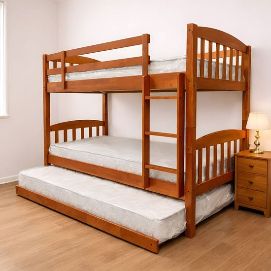 Picture of Miki Solid Hardwood Single Bunk Bed with Trundle – Antique Oak – Includes Mattresses