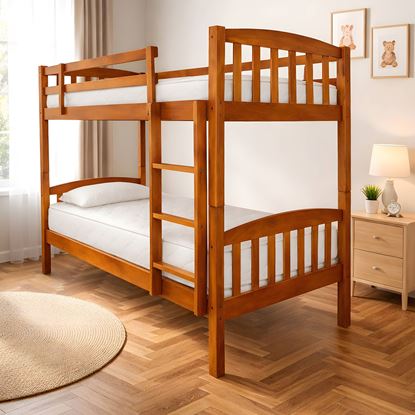 Picture of Miki High Solid Hardwood Single Bunk Bed – Antique Oak – Includes Mattresses