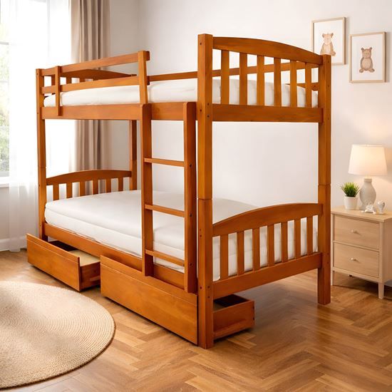 Picture of Miki High Solid Hardwood Single Bunk Bed with Storage Drawers – Antique Oak – Includes Mattresses