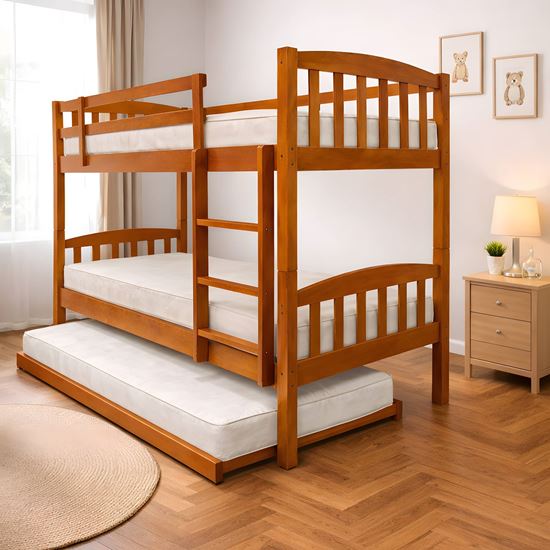 Picture of Miki High Solid Hardwood Single Bunk Bed with Trundle – Antique Oak – Includes Mattresses