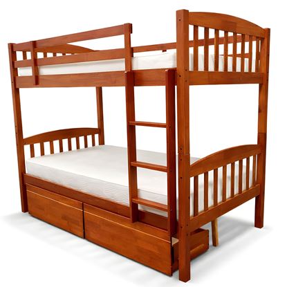 Picture of Miki Solid Hardwood King Single Bunk Bed with Storage Drawers – Antique Oak – Includes Mattresses