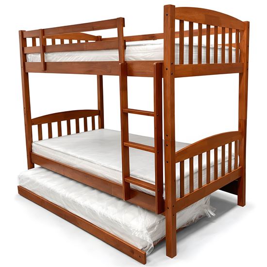 Picture of Miki2 Solid Hardwood King Single Bunk Bed with Trundle – Antique Oak – Includes Mattresses