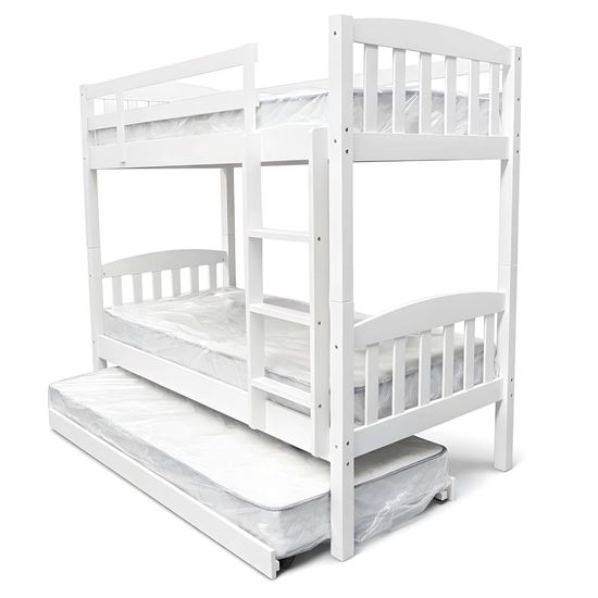 Picture of Miki2 Solid Hardwood King Single Bunk Bed with Trundle – White – Includes Mattresses