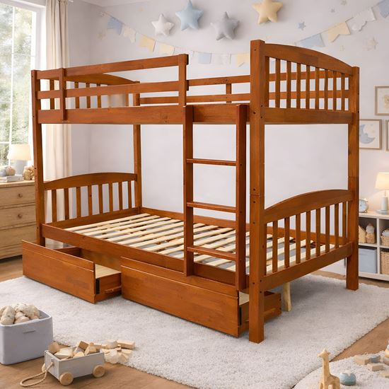Picture of Miki Solid Hardwood King Single Bunk Bed with Storage Drawers – Antique Oak