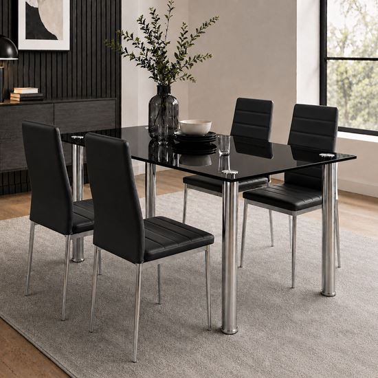 Picture of Melody / Mila 4-Seater Dining Set, 1300mm 10mm Black Glass Table / Black PU Leather Chairs