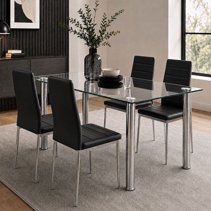 Picture of Melody Dining Table Clear Glass 1.5X0.9m with 4 Black Mila Dining Chair