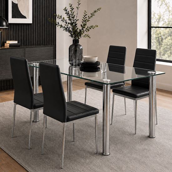 Picture of Melody / Mila 4-Seater Dining Set, 1500mm 10mm Clear Glass Table / Black PU Leather Chairs