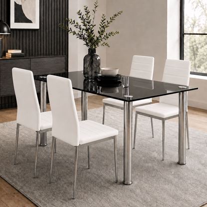 Picture of Melody / Mila 4-Seater Dining Set, 1300mm 10mm Black Glass Table / White PU Leather Chairs