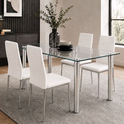 Picture of Melody Dining Table Clear Glass 1.5X0.9m with 4 White Mila Dining Chair