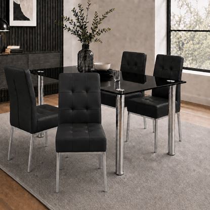 Picture of Melody / Nobel 4-Seater Dining Set – 1300mm 10mm Black Tempered Glass Table, Black PU Leather Chairs, Chrome Legs