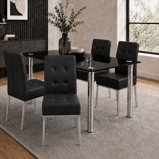Picture of Melody / Nobel 4-Seater Dining Set – 1300mm 10mm Black Tempered Glass Table, Black PU Leather Chairs, Chrome Legs
