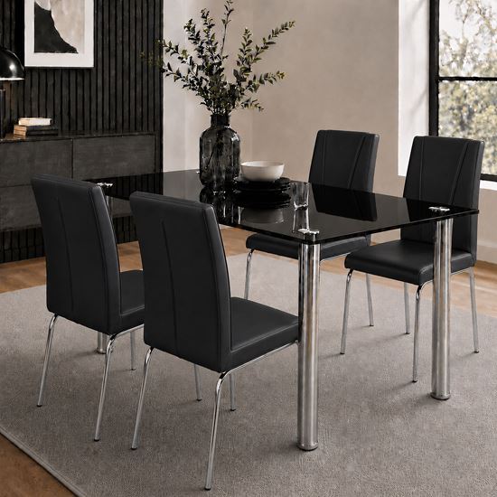Picture of Melody / Leo 4-Seater Dining Set – 1300mm 10mm Black Tempered Glass Table, Black PU Leather Chairs, Chrome Legs
