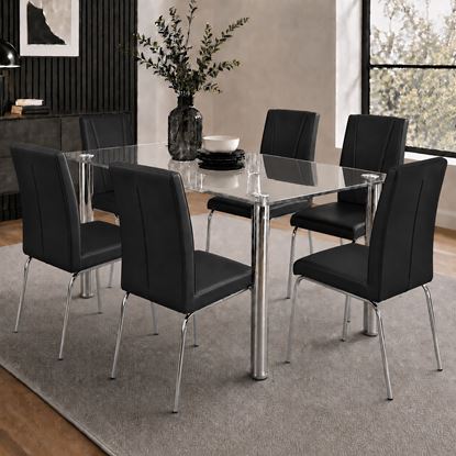 Picture of Melody Dining Table Clear Glass 1.5X0.9m with 6 Black Leo Dining Chair