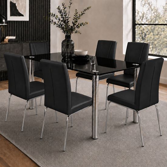 Picture of Melody / Leo 6-Seater Dining Set – 1500mm 10mm Black Tempered Glass Table, Black PU Leather Chairs, Chrome Legs