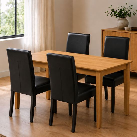 Picture of Alba / Zoe 4-Seater Dining Set – 1200mm Beech Colour Wooden Table with 4 Black PU Dining Chairs