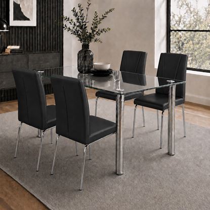 Picture of Melody / Leo 4-Seater Dining Set – 1500mm 10mm Clear Tempered Glass Table, Black PU Leather Chairs, Chrome Legs