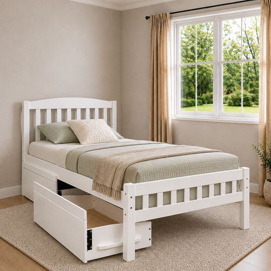 Picture of Miki Solid Hardwood Single Bed with Drawers and Pocket Spring Mattress White