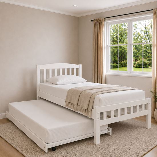 Picture of Miki Solid Hardwood King Single Bed with Trundle & 2 Pocket Spring Mattresses White