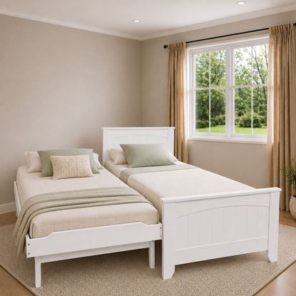 Picture of Emilia Solid Hardwood Single Bed with Pop-Up Trundle & 2 Pocket Spring Mattresses – White