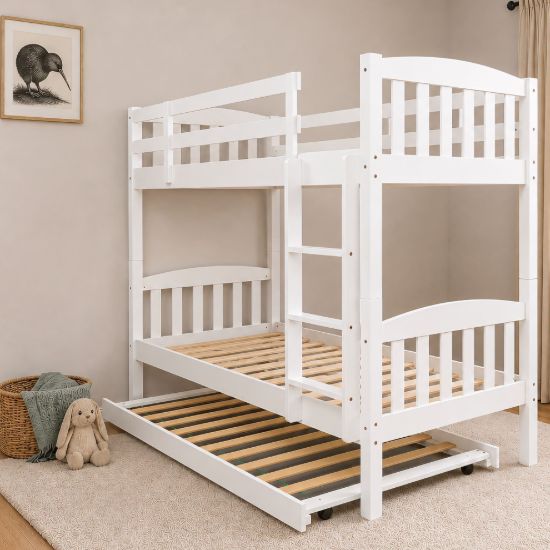 Picture of Miki Higher Solid Hardwood Single Bunk Bed with Trundle – White