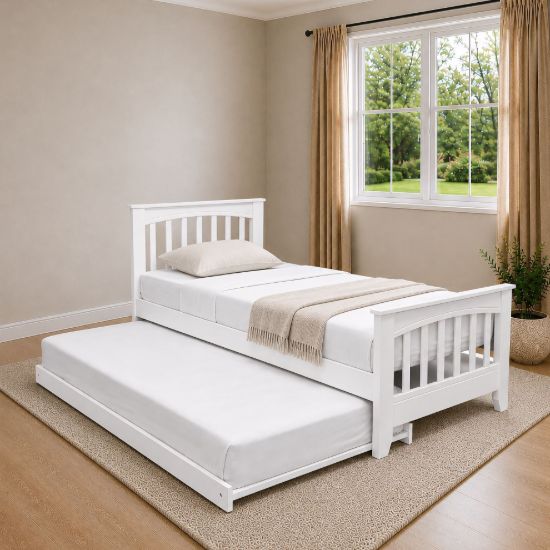 Picture of Cooper Solid Hardwood Single Bed with Pull-Out Trundle & 2 Pocket Spring Mattresses – White