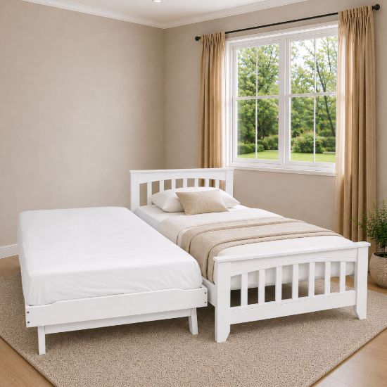 Picture of Cooper Solid Hardwood Single Bed with Pop-Up Trundle & 2 Pocket Spring Mattresses – White