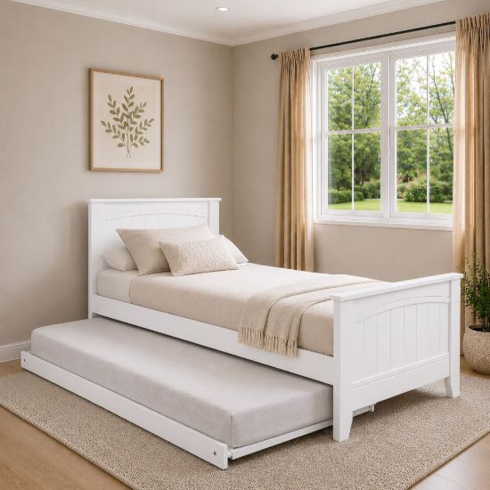 Picture of Emilia Solid Hardwood Single Bed with Pull-Out Trundle & 2 Pocket Spring Mattresses – White