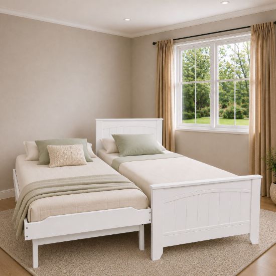 Picture of Emilia Solid Hardwood Single Bed with Pop-Up Trundle & 2 Pocket Spring Mattresses – White