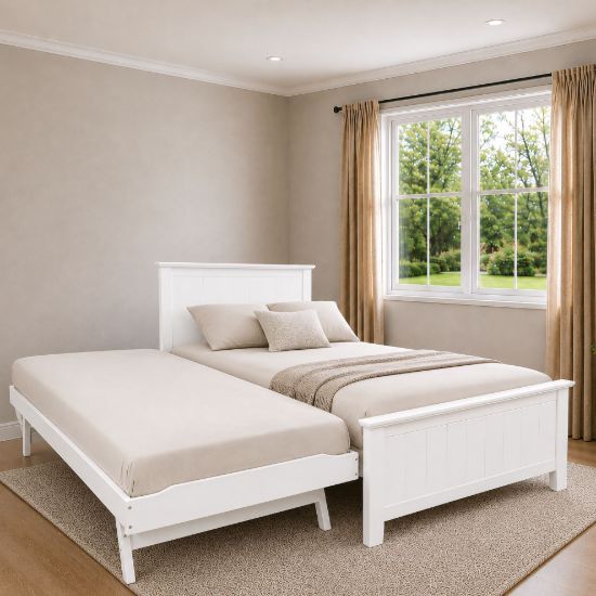 Picture of Eddie Solid Hardwood King Single Bed with Pop-Up Trundle and Two Pocket Spring Mattresses – White