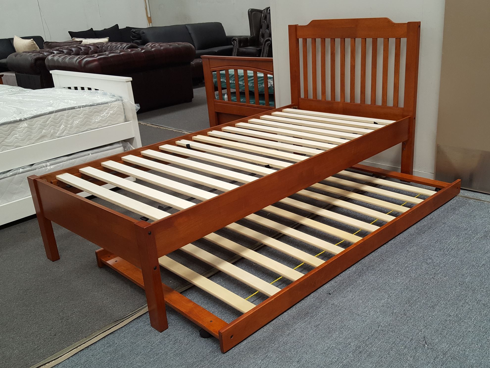 Furniture Place King Single Bed Chloe Adjustable Base Height With Trundle In Antique Oak Colour King Single Bed Chloe Adjustable Base, Adjustable Height Bed Frame King